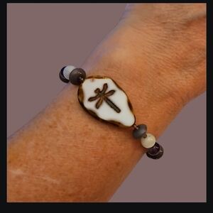 HANDMADE Dragonfly Czech Glass Olive Wood Beaded Toggle Bracelet